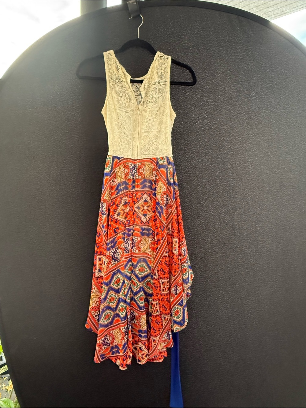 Cream Lace Bodice Red & Blue Printed Maxi Dress